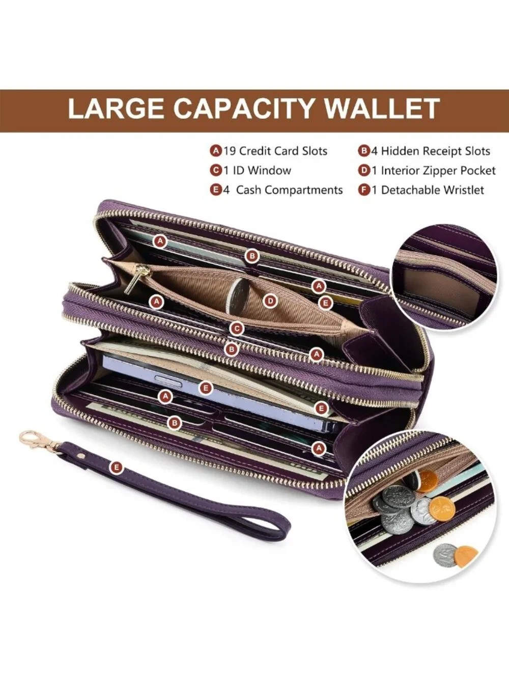 Large Capacity Vegan Leather RFID Blocking Double Zip Wristlet Wallet for Travel